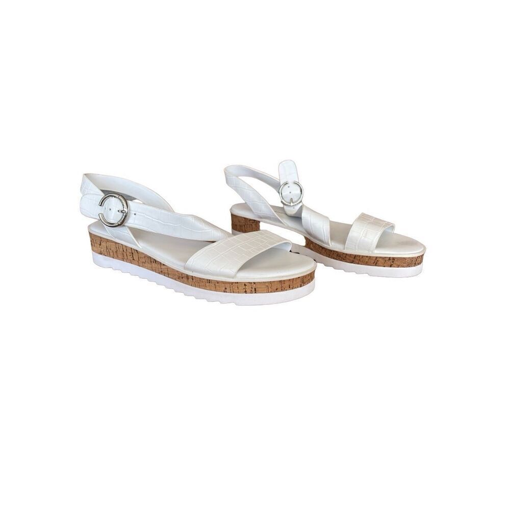 Marc Fisher Womens White Adjustable Buckle Strap Platform Flat Sandal Size 9